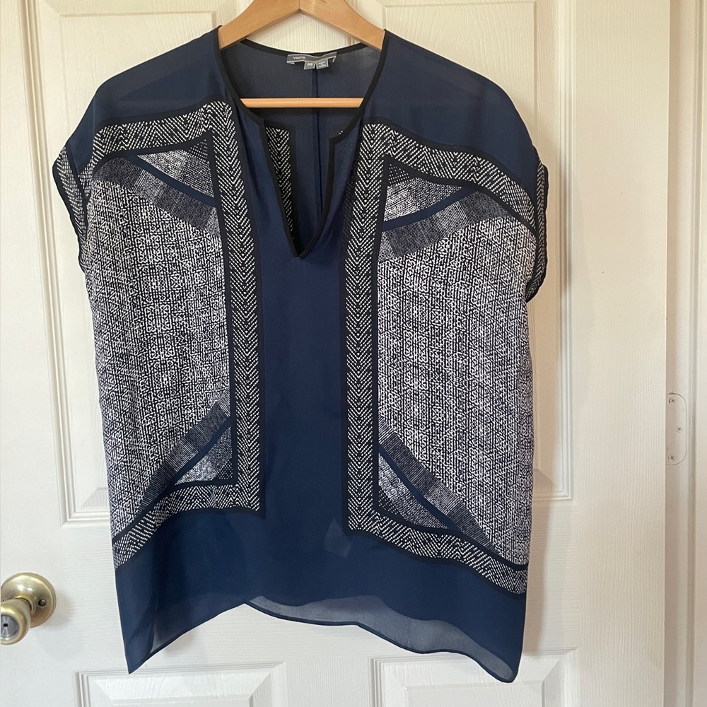 Vince Navy and White Sheer Oversized Popover Blouse